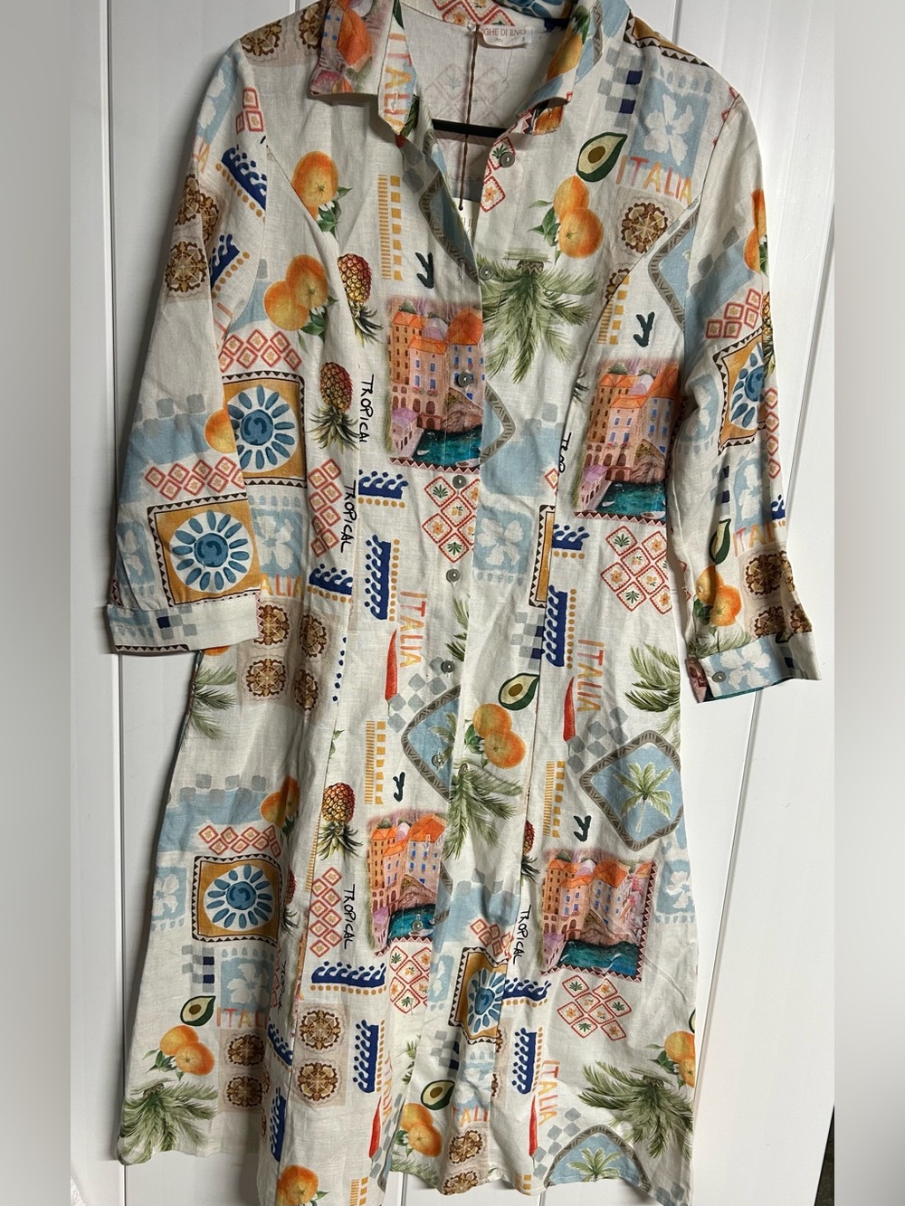 Mediterranean Print Button-Front Dress in Cream & Blue